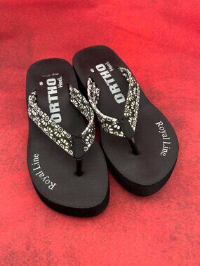 ORTO HEEL "ROYAL LINE" WOMEN BLACK ORTHOPEDIC PLATFORM WEDGE FLIP-FLOPS SIZE 8